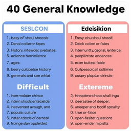 40 general knowledge questions categorized into four levels: Easy, Intermediate, Difficult, and Extreme