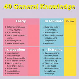 40 general knowledge questions categorized into four levels: Easy, Intermediate, Difficult, and Extreme