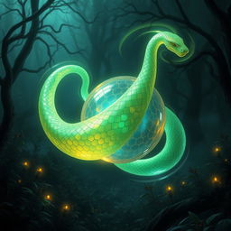 An intricate, glowing orb resembling a viper, with a sleek, serpentine form that weaves through the air