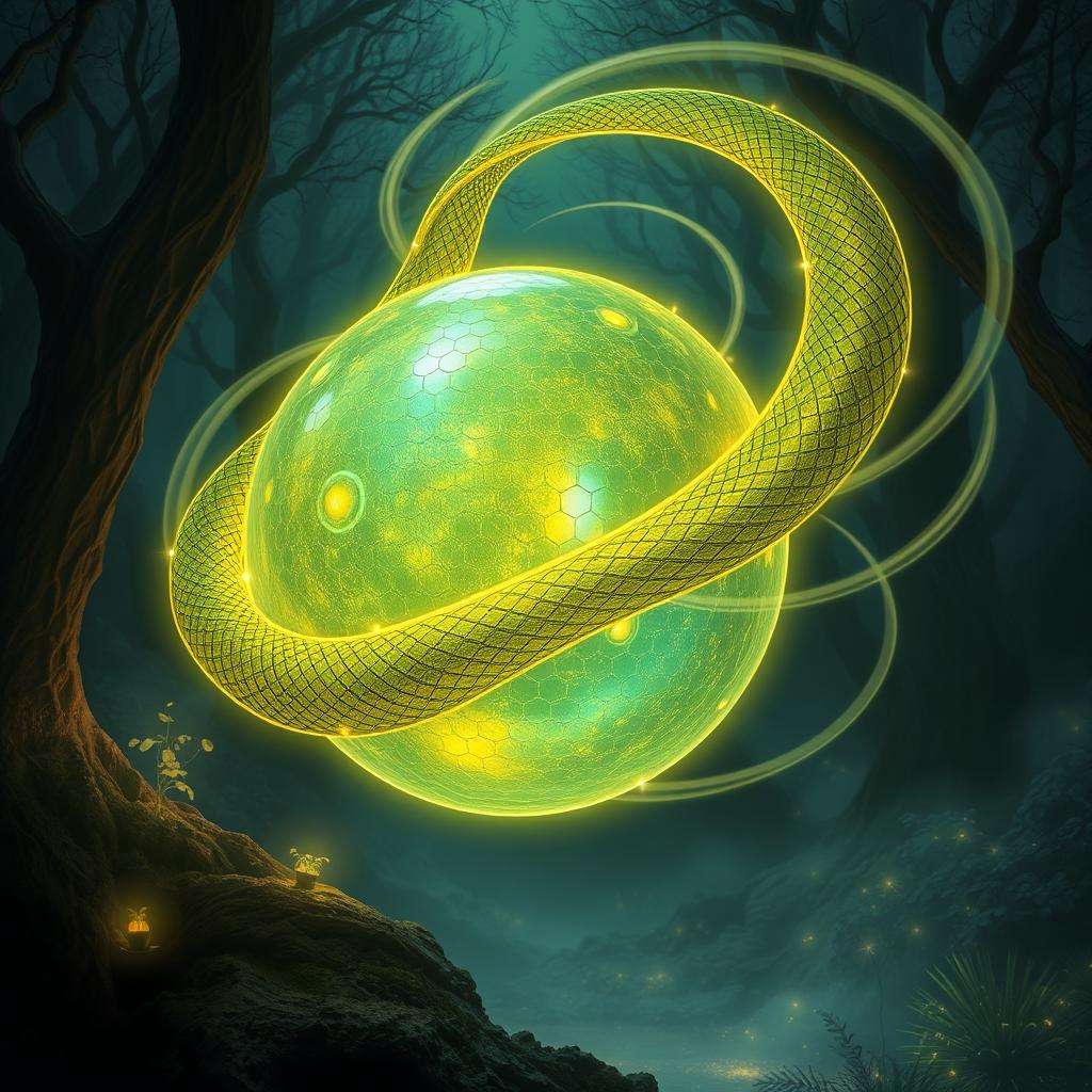 An intricate, glowing orb resembling a viper, with a sleek, serpentine form that weaves through the air