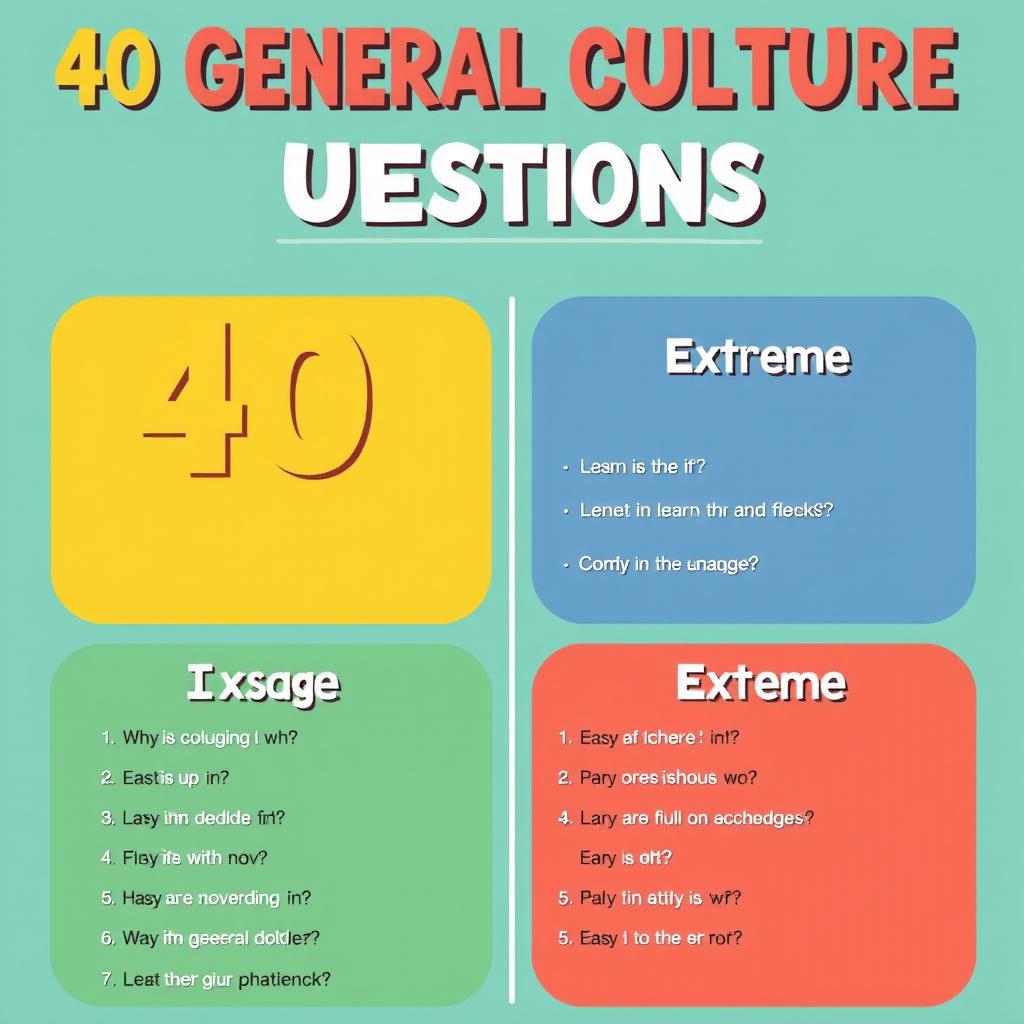 Create a visually captivating and informative poster featuring 40 general culture questions divided into four levels: Easy, Intermediate, Difficult, and Extreme