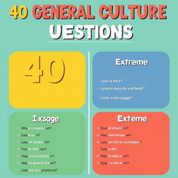 Create a visually captivating and informative poster featuring 40 general culture questions divided into four levels: Easy, Intermediate, Difficult, and Extreme