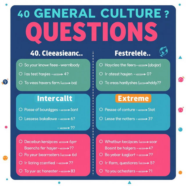 Create a visually captivating and informative poster featuring 40 general culture questions divided into four levels: Easy, Intermediate, Difficult, and Extreme