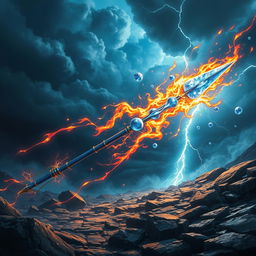 A fantastical scene featuring a chaotic burning javelin made of shimmering sapphire, hurling through a vibrant sky filled with dark storm clouds