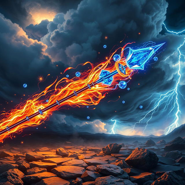 A fantastical scene featuring a chaotic burning javelin made of shimmering sapphire, hurling through a vibrant sky filled with dark storm clouds