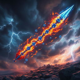 A fantastical scene featuring a chaotic burning javelin made of shimmering sapphire, hurling through a vibrant sky filled with dark storm clouds