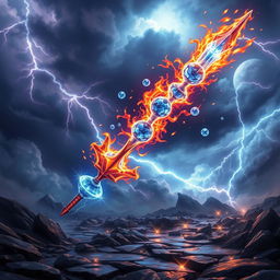 A fantastical scene featuring a chaotic burning javelin made of shimmering sapphire, hurling through a vibrant sky filled with dark storm clouds