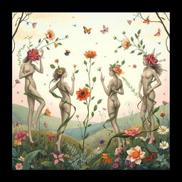 A surreal and artistic illustration depicting a whimsical scene where human bodies are elegantly intertwined and transformed with various objects such as flowers, leaves, and other natural elements