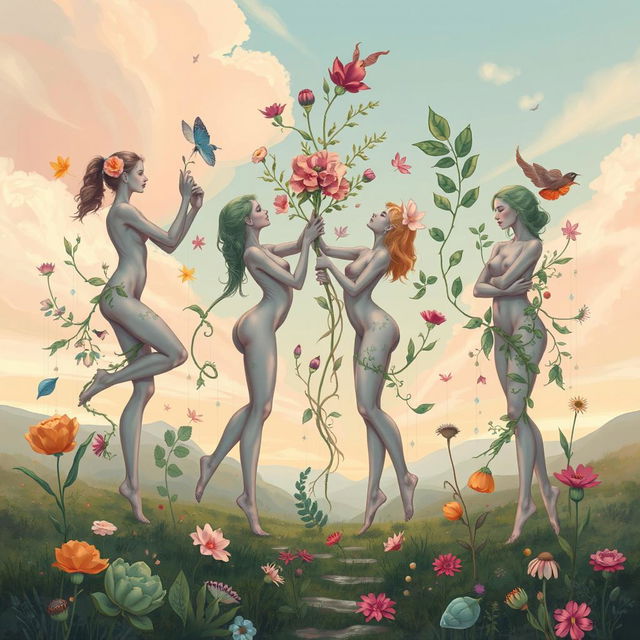 A surreal and artistic illustration depicting a whimsical scene where human bodies are elegantly intertwined and transformed with various objects such as flowers, leaves, and other natural elements