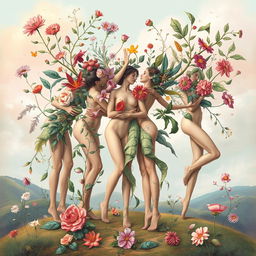 A surreal and artistic illustration depicting a whimsical scene where human bodies are elegantly intertwined and transformed with various objects such as flowers, leaves, and other natural elements