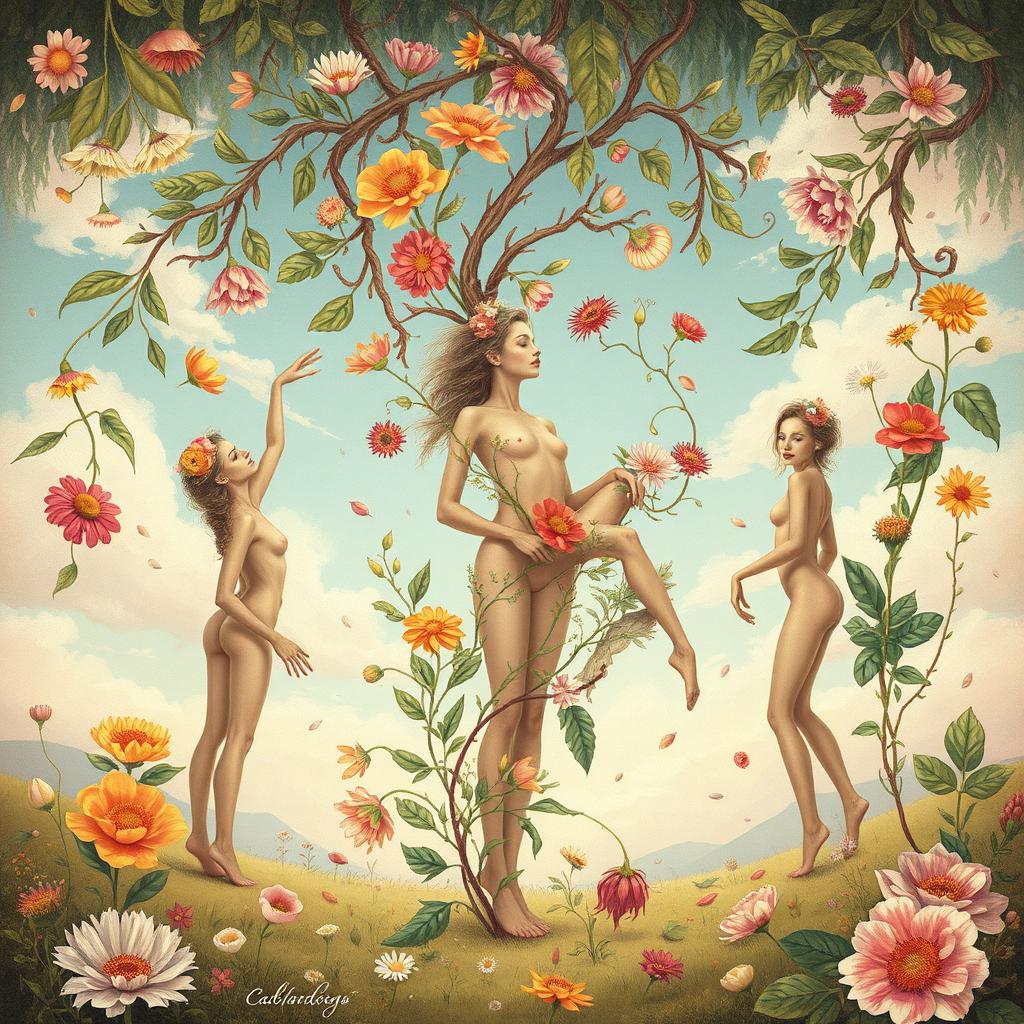 A surreal and artistic illustration depicting a whimsical scene where human bodies are elegantly intertwined and transformed with various objects such as flowers, leaves, and other natural elements