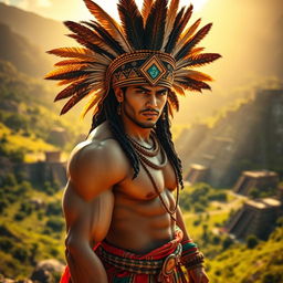 An Aztec omega male character, dressed in traditional Aztec clothing, decorated with intricate feather headdresses and colorful robes