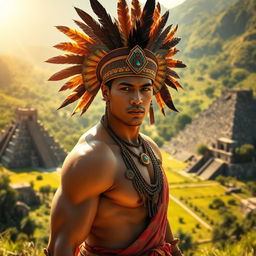 An Aztec omega male character, dressed in traditional Aztec clothing, decorated with intricate feather headdresses and colorful robes