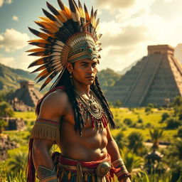 An Aztec omega male character, dressed in traditional Aztec clothing, decorated with intricate feather headdresses and colorful robes