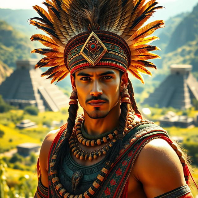 An Aztec omega male character, dressed in traditional Aztec clothing, decorated with intricate feather headdresses and colorful robes