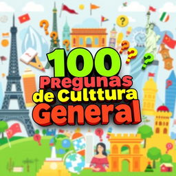 A colorful and engaging thumbnail for a video titled "100 Preguntas de Cultura General"