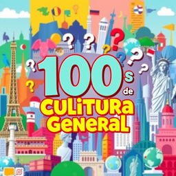 A colorful and engaging thumbnail for a video titled "100 Preguntas de Cultura General"