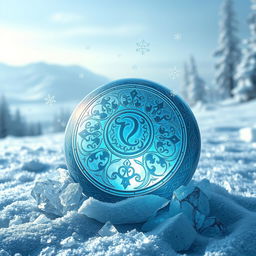 A mythical artifact known as the 'Ultimate Bola of Cold Absorption', elegantly designed with intricate patterns and symbols etched into a crystal-like surface, emanating a serene blue glow