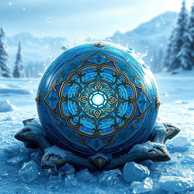 A mythical artifact known as the 'Ultimate Bola of Cold Absorption', elegantly designed with intricate patterns and symbols etched into a crystal-like surface, emanating a serene blue glow