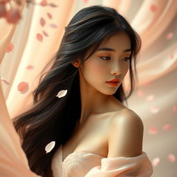 A graceful Chinese girl with smooth, radiant skin and long, silky black hair, standing in an ethereal setting surrounded by soft, flowing fabrics and delicate flower petals