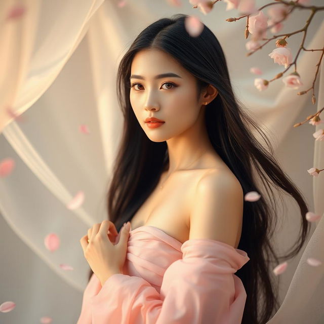 A graceful Chinese girl with smooth, radiant skin and long, silky black hair, standing in an ethereal setting surrounded by soft, flowing fabrics and delicate flower petals