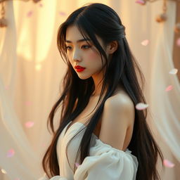 A graceful Chinese girl with smooth, radiant skin and long, silky black hair, standing in an ethereal setting surrounded by soft, flowing fabrics and delicate flower petals