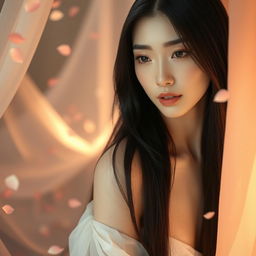 A graceful Chinese girl with smooth, radiant skin and long, silky black hair, standing in an ethereal setting surrounded by soft, flowing fabrics and delicate flower petals