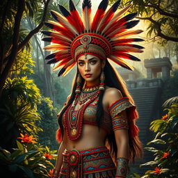 A captivating portrayal of a Mahuizoh from the Aztec era, adorned in elaborate and colorful traditional attire, featuring intricate patterns and feathered headdresses