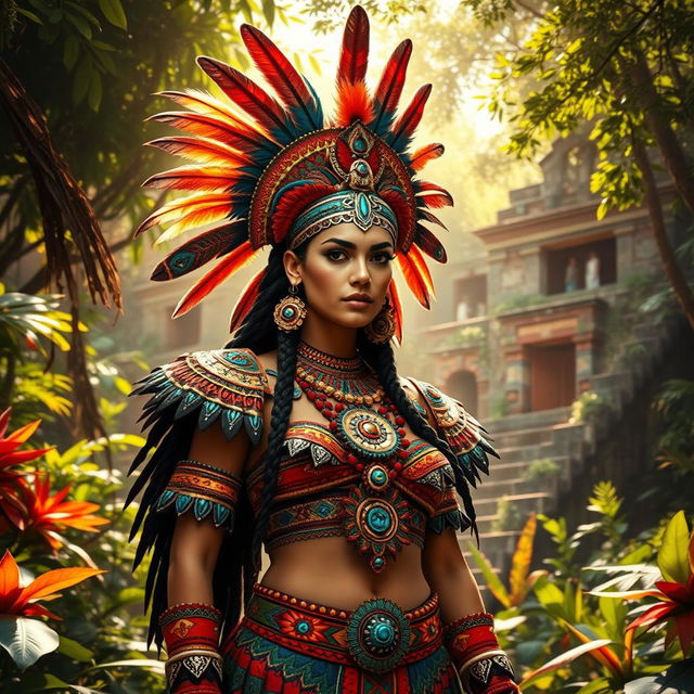 A captivating portrayal of a Mahuizoh from the Aztec era, adorned in elaborate and colorful traditional attire, featuring intricate patterns and feathered headdresses