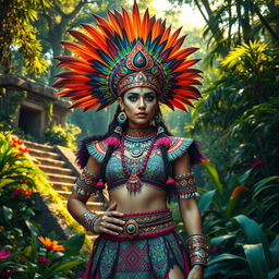 A captivating portrayal of a Mahuizoh from the Aztec era, adorned in elaborate and colorful traditional attire, featuring intricate patterns and feathered headdresses