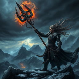 A stunning fantasy scene featuring the Ancestral Serpents' Trident of Darkness, intricately designed with serpent motifs and glowing runes