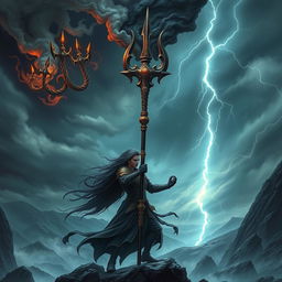 A stunning fantasy scene featuring the Ancestral Serpents' Trident of Darkness, intricately designed with serpent motifs and glowing runes