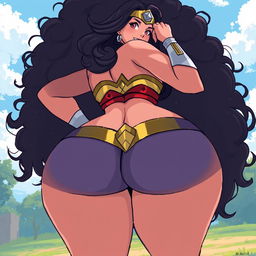 A pixel art depiction of a confident woman resembling Wonder Woman, showcasing her extremely gigantic and curvy body