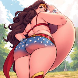 A pixel art depiction of a confident woman resembling Wonder Woman, showcasing her extremely gigantic and curvy body