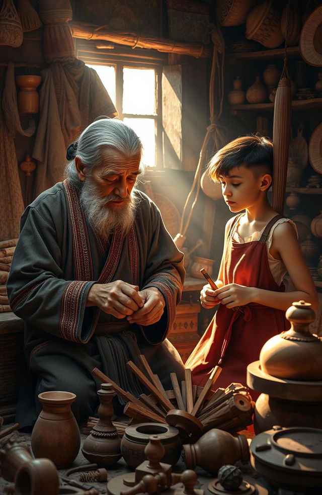 An artistic representation of an elderly artisan teaching a young apprentice, surrounded by traditional crafts and tools