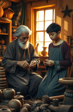 An artistic representation of an elderly artisan teaching a young apprentice, surrounded by traditional crafts and tools