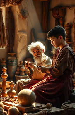 An artistic representation of an elderly artisan teaching a young apprentice, surrounded by traditional crafts and tools