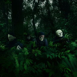 Menacing kidnappers garbed in skeleton face masks and bulletproof vests over semi-combatant attire, hiding amidst the dense foliage of a forest.