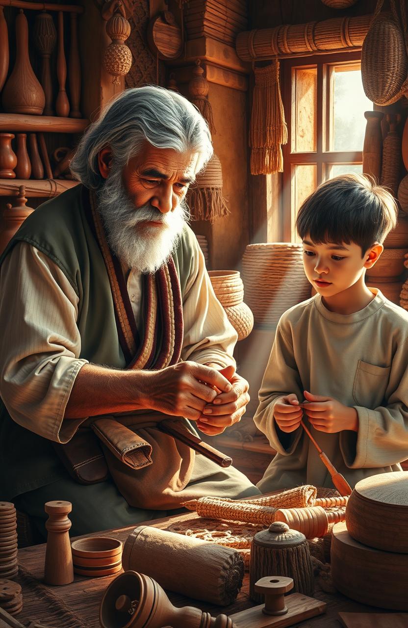 An artistic representation of an elderly artisan teaching a young apprentice, surrounded by traditional crafts and tools