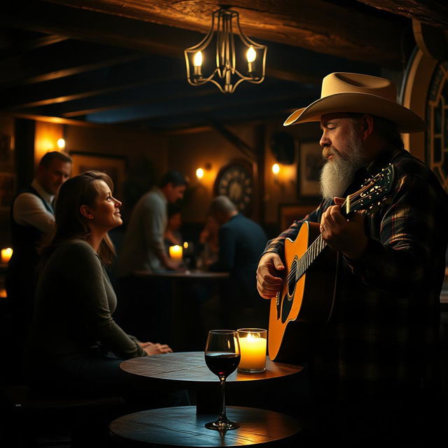 A romantic scene in a dimly lit, rustic tavern with a musician playing a beautiful ballad on an acoustic guitar