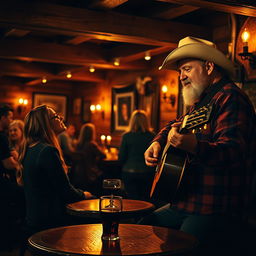 A romantic scene in a dimly lit, rustic tavern with a musician playing a beautiful ballad on an acoustic guitar