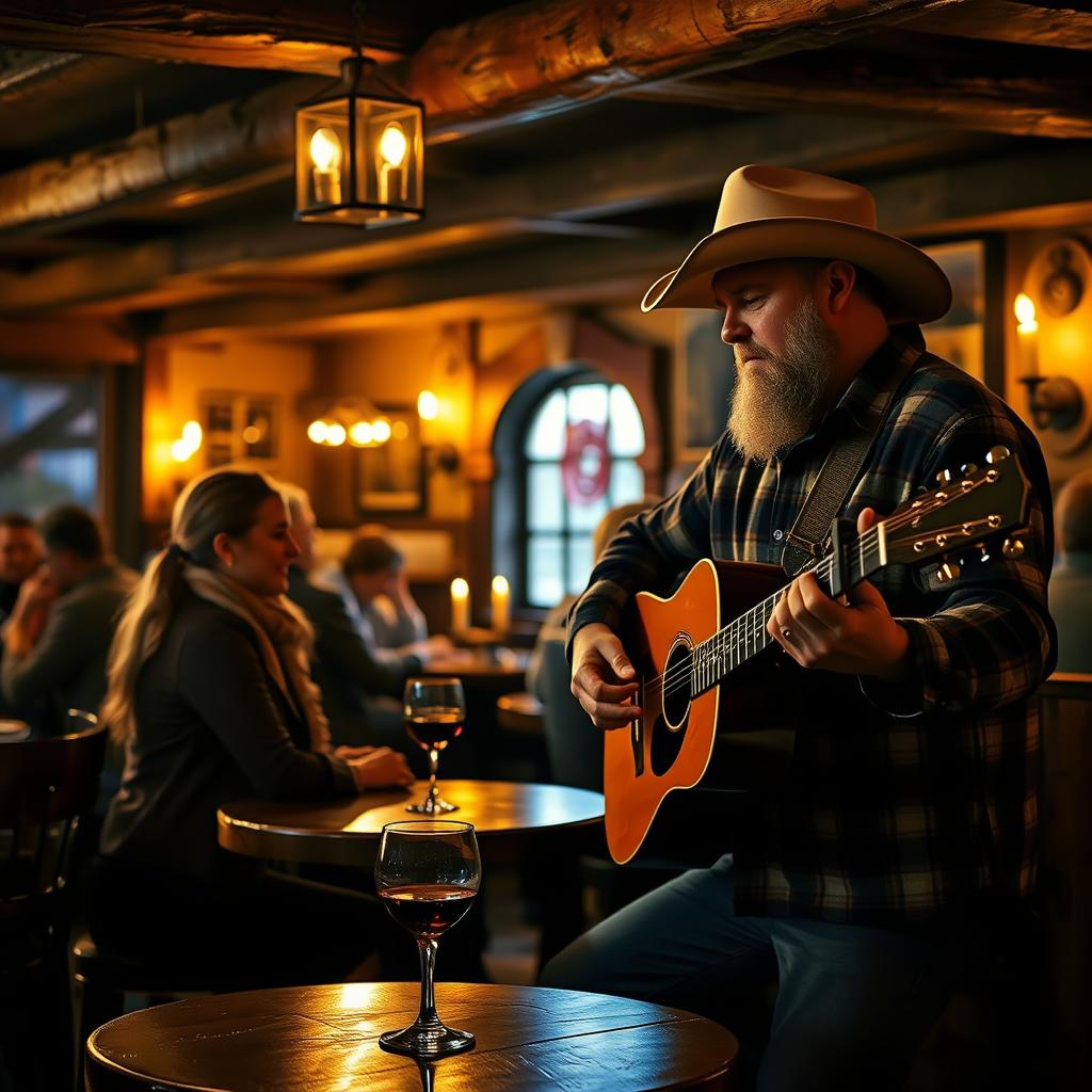 A romantic scene in a dimly lit, rustic tavern with a musician playing a beautiful ballad on an acoustic guitar