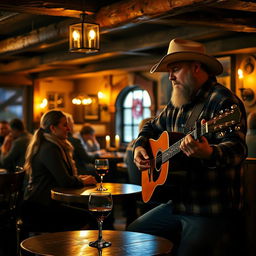 A romantic scene in a dimly lit, rustic tavern with a musician playing a beautiful ballad on an acoustic guitar