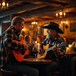 A romantic scene in a dimly lit, rustic tavern with a musician playing a beautiful ballad on an acoustic guitar