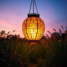 A stunning, oversized lantern hanging in a serene outdoor setting, glowing brightly against a twilight sky