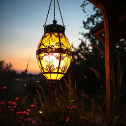 A stunning, oversized lantern hanging in a serene outdoor setting, glowing brightly against a twilight sky