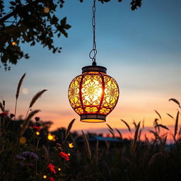 A stunning, oversized lantern hanging in a serene outdoor setting, glowing brightly against a twilight sky