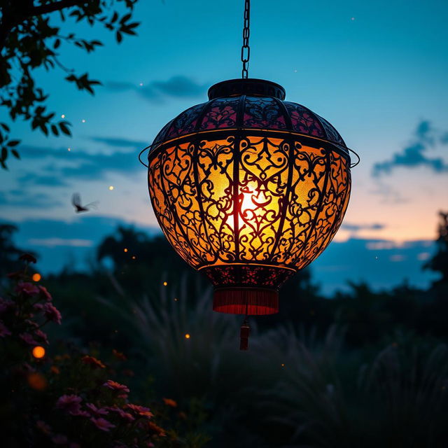 A stunning, oversized lantern hanging in a serene outdoor setting, glowing brightly against a twilight sky