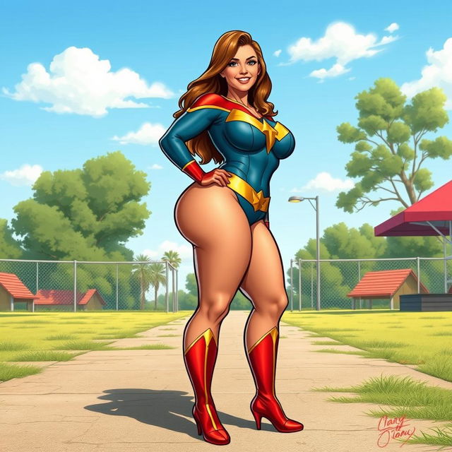 A stunning full body illustration of Mary Marvel from DC Comics, depicted outdoors with her striking, curvy figure