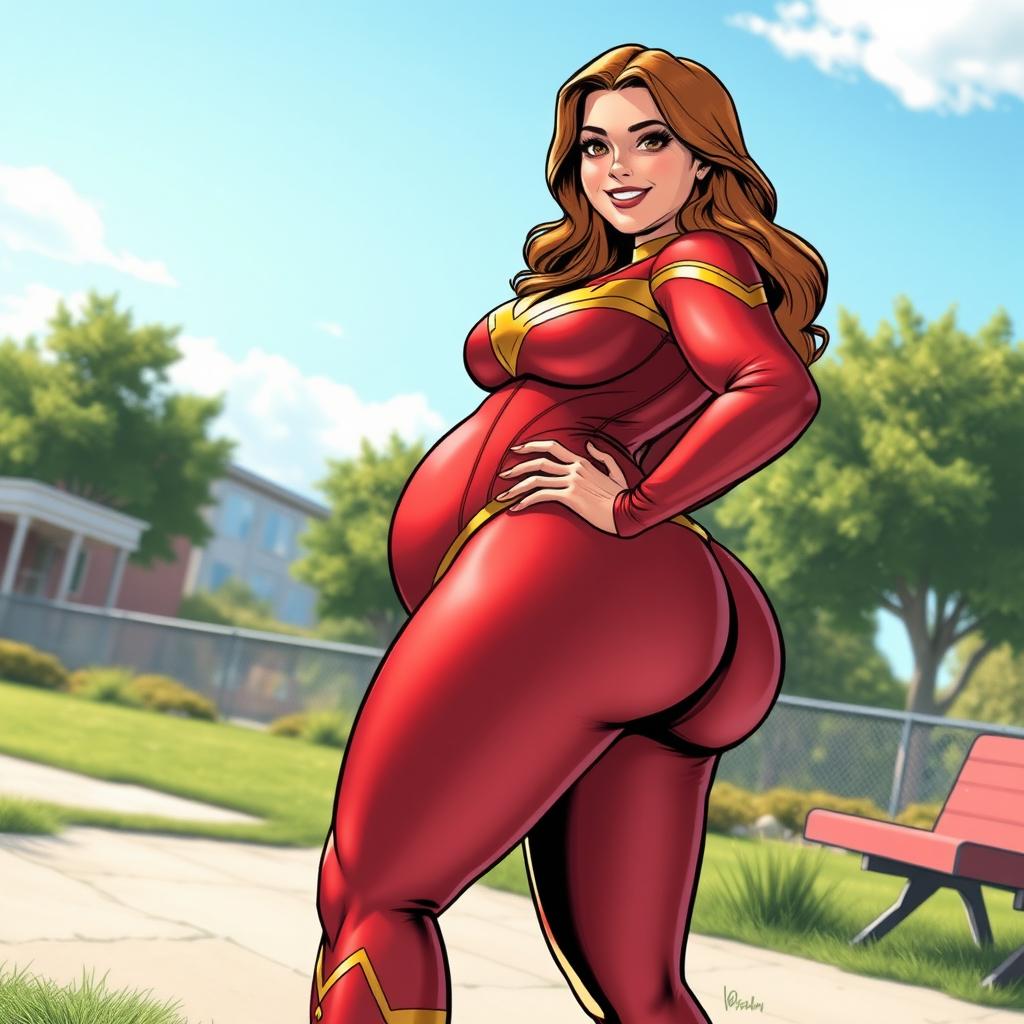 A stunning full body illustration of Mary Marvel from DC Comics, depicted outdoors with her striking, curvy figure